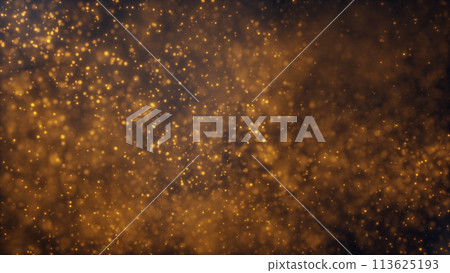 Abstract movements of luminous gold particles in the flow of liquid on a dark background. Beautiful shiny glitter floating bokeh dust with flare, animation in slow motion. 113625193