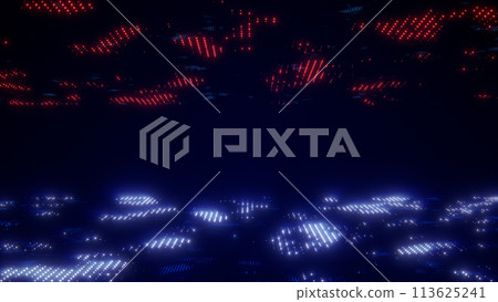 Digital dark blue red cyberspace with halftone dots and virtual data network connections. Smooth connection and data analysis technology abstract background concept. Digital dark blue red cyberspace with halftone dots and virtual data network connections. Smooth connection and data analysis technology abstract background concept. 113625241