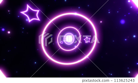 Flying through an abstract neon glowing digital geometric tunnel. Magical elipse shape and stars spinning in the particles of space. Dynamic flight through shiny multicolored glow space. 113625243