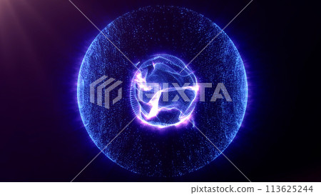 Digital abstract bright glowing rotating particle sphere in the Universe. Animated wave energy orb. Purple and blue. Colorful luminous shiny rotating magical plasma core. Digital abstract bright glowing rotating particle sphere in the Universe. Animated wave energy orb. Purple and blue. Colorful luminous shiny rotating magical plasma core. 113625244
