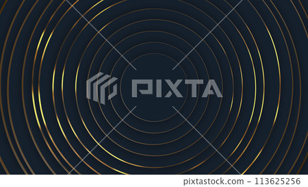 Dark blue and golden abstract luxury circular background. Presentation, event, party, text, backdrop. Blank frame.  113625256