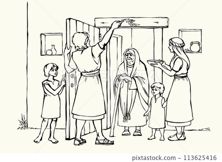 Vector drawing. The family fulfills God's command. Anoints the doorposts with the blood of the lamb Vector drawing. The family fulfills God's command. Anoints the doorposts with the blood of the lamb 113625416