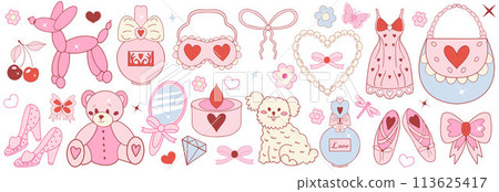 Pink girly coquette y2k aesthetic set, elegant vintage accessory. Lovely cute collection, red cherrie, pink ribbon, bow, balloon dog isolated on white background. Vector illustration 113625417