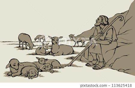 Vector drawing. Shepherd with sheep Vector drawing. Shepherd with sheep 113625418