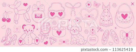 Pink girly coquette y2k aesthetic set, elegant vintage accessory. Lovely cute collection, red cherrie, pink ribbon, bow, balloon dog. Vector illustration Pink girly coquette y2k aesthetic set, elegant vintage accessory. Lovely cute collection, red cherrie, pink ribbon, bow, balloon dog. Vector illustration 113625419