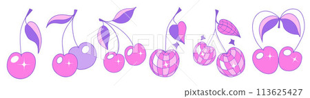 Cute cherry set y2k 90s style. Berry girly icon for card, sticker, print design. Pink glamour vector illustration Cute cherry set y2k 90s style. Berry girly icon for card, sticker, print design. Pink glamour vector illustration 113625427