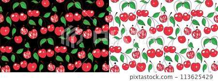 Red cherries vector seamless pattern black and white background Red cherries vector seamless pattern black and white background 113625429
