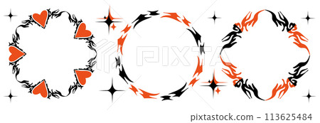 Gothic tribal frame set, Acid round fantasy border, Y2k dark element. Retro Neo tribal baroque ornament, horror classic creepy oval. Future frame collection. Vector illustration Gothic tribal frame set, Acid round fantasy border, Y2k dark element. Retro Neo tribal baroque ornament, horror classic creepy oval. Future frame collection. Vector illustration 113625484