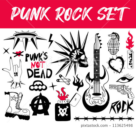 Punk Rock set. Punks and anarchy symbols set, skulls, guitars rock style. Vector illustration 113625498