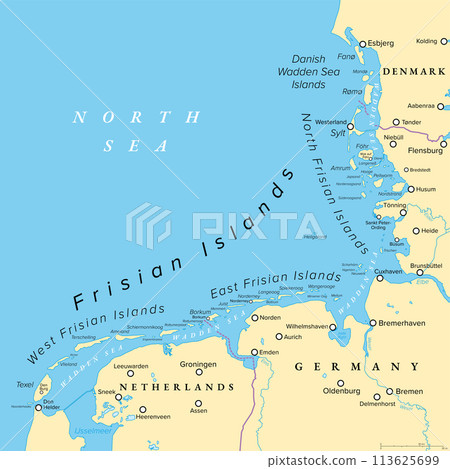 Frisian Islands, political map. Wadden Sea Islands, archipelago at North Sea in Europe, stretching vom Netherlands through Germany to Denmark. The islands shield the mudflat region of the Wadden Sea. 113625699