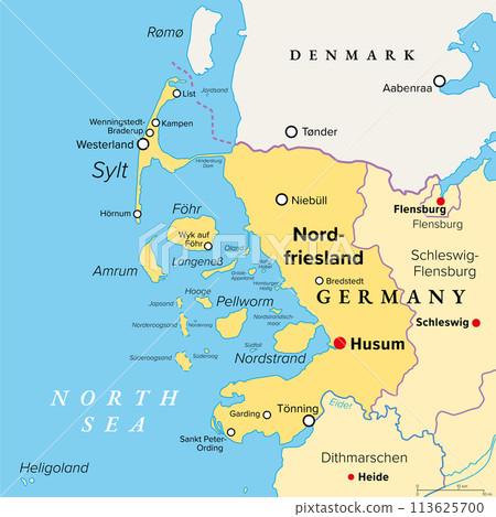 Nordfriesland, or North Frisia, political map. Northernmost district of Germany, part of Schleswig-Holstein, with capital Husum and the five large islands Sylt, Foehr, Amrum, Pellworm and Nordstrand. Nordfriesland, or North Frisia, political map. Northernmost district of Germany, part of Schleswig-Holstein, with capital Husum and the five large islands Sylt, Foehr, Amrum, Pellworm and Nordstrand. 113625700