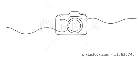 One continuous editable line drawing of a professional camera. Line vector illustration. 113625743