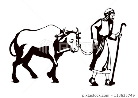 Vector drawing. A man leads an ox 113625749