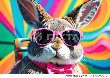 Brutal rabbit in glasses on a multi-colored neon background. Brutal rabbit in glasses on a multi-colored neon background. 113625817