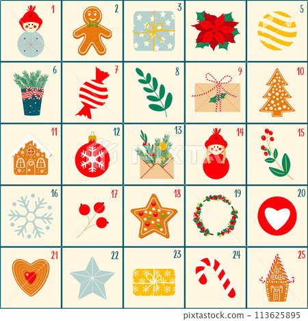 Advent Calendar, Merry Christmas poster, printable template with Xmas elements. Advent Calendar, Merry Christmas poster, printable template with Xmas elements. 113625895