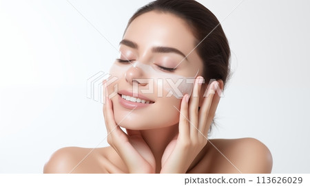 Woman applies moisturizer nourishing her skin for freshness, AI Generated 113626029