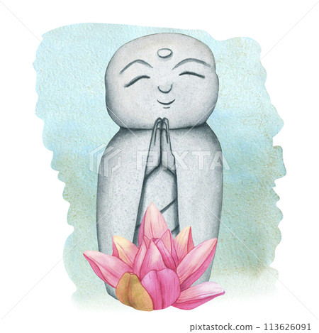 Jizo Bosatsu monk and Buds Pink Lotus from the Japanese Garden. Hand drawn watercolor illustration of Japanese Stone buddha Monk statue. Prayer Statue and tropical Water Lily. Smiling Buddha Figurine 113626091