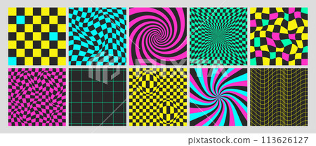 Acid psychedelic checkerboards with seamless pattern with warped grid tile, spirals and twirls Acid psychedelic checkerboards with seamless pattern with warped grid tile, spirals and twirls 113626127