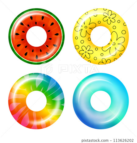 A set of summer inflatable rings. Realistic multicolored swimming rings isolated on a transparent background. Summer element. Vector illustration 113626202