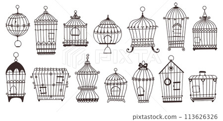 Bird cages. Silhouette vintage birdcages. Ornamental objects. Decorative shapes. Interior retro houses for parrots and canaries. Flying pets homes. Black line icons. Recent vector set Bird cages. Silhouette vintage birdcages. Ornamental objects. Decorative shapes. Interior retro houses for parrots and canaries. Flying pets homes. Black line icons. Recent vector set 113626326