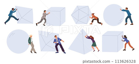 Business people pushing geometric shapes. Office staff move large plaster figures. Businessman pulling heavy form. Persons striving for success. Overcome challenge. Garish vector set Business people pushing geometric shapes. Office staff move large plaster figures. Businessman pulling heavy form. Persons striving for success. Overcome challenge. Garish vector set 113626328