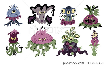 Carnivorous plant. Scary flowers and mushrooms. Angry monsters with eyes and teeth. Predatory botanical creatures. Fantasy flytraps. Dangerous blossoms. Mystic garden. Garish vector set Carnivorous plant. Scary flowers and mushrooms. Angry monsters with eyes and teeth. Predatory botanical creatures. Fantasy flytraps. Dangerous blossoms. Mystic garden. Garish vector set 113626330
