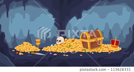 Cartoon cave with fabulous treasures. Wooden chest full of gold coins and gemstones. Jewelry cups and crowns. Human skull. Stone grotto. Golden wealth in cavern. Recent vector concept Cartoon cave with fabulous treasures. Wooden chest full of gold coins and gemstones. Jewelry cups and crowns. Human skull. Stone grotto. Golden wealth in cavern. Recent vector concept 113626331