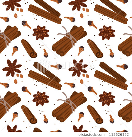 Cartoon cinnamon seamless pattern. Aromatic ingredients. Repeated print. Mulled wine condiment. Coffee and dessert spices. Herbal tea seasoning. Clove and anise. Garish vector background Cartoon cinnamon seamless pattern. Aromatic ingredients. Repeated print. Mulled wine condiment. Coffee and dessert spices. Herbal tea seasoning. Clove and anise. Garish vector background 113626332