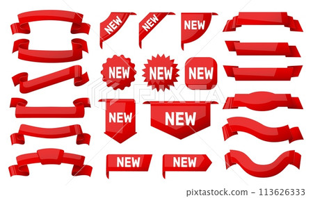 Cartoon label ribbons. Sale red badges. Discount stickers. Fabric strips. New arrival banners. Price offer templates. Bookmark or corner tapes. Award stamps. Vector shopping tags set Cartoon label ribbons. Sale red badges. Discount stickers. Fabric strips. New arrival banners. Price offer templates. Bookmark or corner tapes. Award stamps. Vector shopping tags set 113626333