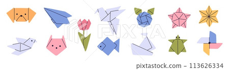 Cartoon origami. Different paper shapes. Tulip flower. Ship and plane. Polygonal animals. Japanese art. Pinwheel and star. Asian crane bird. Geometric folded zoo forms. Garish vector set 113626334