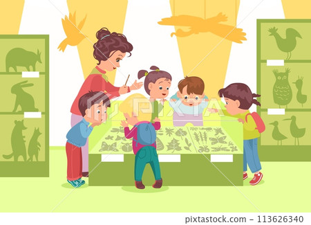 Children in exhibition hall. Curious kids with guide looking at animals exposition. Insects and herbarium at natural science museum. Educational exposition. Splendid vector concept Children in exhibition hall. Curious kids with guide looking at animals exposition. Insects and herbarium at natural science museum. Educational exposition. Splendid vector concept 113626340