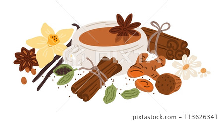 Cinnamon and spices. Seasonings for tea and mulled wine. Fragrant root. Seeds or spicy bark. Herbal drink. Vanilla and cardamom. Beverage cup. Chamomile aroma. Garish vector concept Cinnamon and spices. Seasonings for tea and mulled wine. Fragrant root. Seeds or spicy bark. Herbal drink. Vanilla and cardamom. Beverage cup. Chamomile aroma. Garish vector concept 113626341