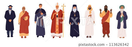Different religions priests. Religious characters in ceremonial clothes. God worship. Christian and Muslim. Various faith prayers. Judaism, Islam or Hindu people. Garish vector set 113626342