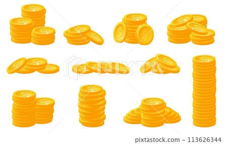 Gold coins stacks. Yellow metal money. Currency profit. Cents heaps and placers. Treasure cash. Finance savings. Banking investment. Financial assets. Game and app elements vector set 113626344