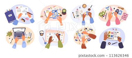 Hands making notes. Arms holding pens and pencils. Reminder in notebooks. Planners and diaries. Businessman typing on laptop. Office workplace. Stationery top view. Garish vector set 113626346