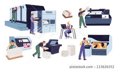 Print shop workers. Polygraphy equipment. Copying and printing machines. Books publishing. Posters and brochures typography production. People working at photocopier. Garish vector set 113626352