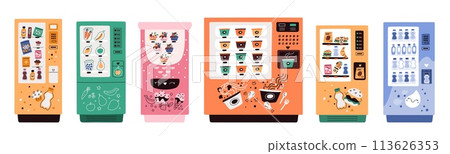 Snack vending machine. Fast food selling equipment. Water and sweets. Automated purchase. Electronic devices with products and drinks. Merchandise retail appliance. Garish vector set 113626353