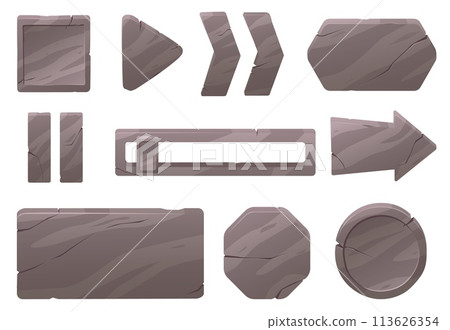Stone menu buttons. GUI design elements. Natural rocky texture interface frames. Boards with fissures. Objects for game or site navigation. Cracked tablets. Rock UI icons vector set Stone menu buttons. GUI design elements. Natural rocky texture interface frames. Boards with fissures. Objects for game or site navigation. Cracked tablets. Rock UI icons vector set 113626354