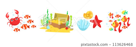 Fish, Crab, Shell and Treasure Chest as Sea Bottom Element Vector Set 113626468