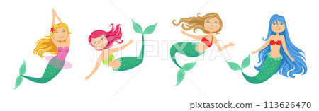Cute Mermaid Fairy Character with Female Body and Fish Tail Vector Set 113626470