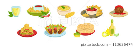 Mexican Tasty Food and Spicy Dish Served Vector Set 113626474