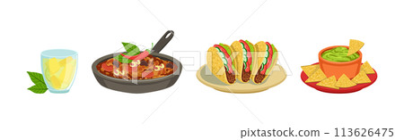 Mexican Tasty Food and Spicy Dish Served Vector Set 113626475