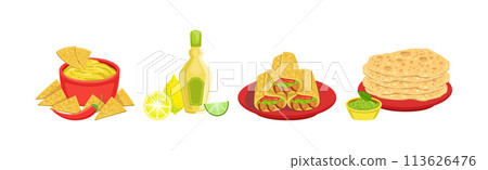 Mexican Tasty Food and Spicy Dish Served Vector Set Mexican Tasty Food and Spicy Dish Served Vector Set 113626476