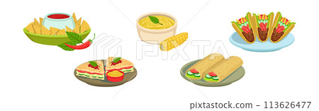 Mexican Tasty Food and Spicy Dish Served Vector Set 113626477