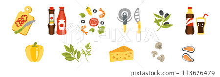 Pizza Cooking Ingredient Flat Item and Element Vector Set 113626479