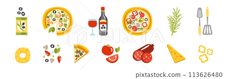 Pizza Cooking Ingredient Flat Item and Element Vector Set 113626480