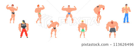 Young Muscular Man Character Standing Showing Muscles Vector Set 113626496
