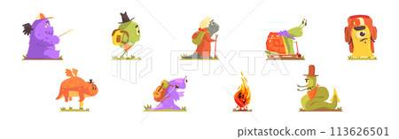 Funny Monster Character Travel and Hiking with Backpack Vector Set Funny Monster Character Travel and Hiking with Backpack Vector Set 113626501
