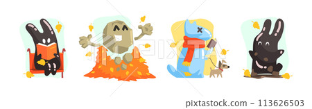 Funny Monster Character at Autumn Season Vector Set 113626503
