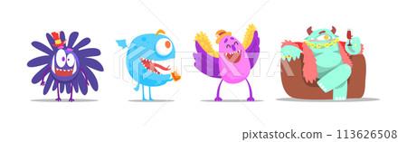 Funny Monster Character as Toothy and Hairy Mutant with Friendly Face at Party Vector Set 113626508